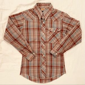 Vintage Wrangler Cowboy Shirt Boys 12 Western Permanent Press Plaid Pearl Snaps